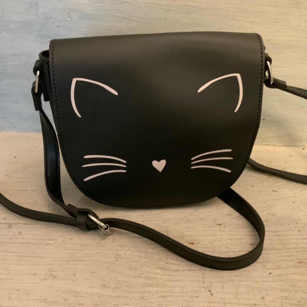 Black Faux Leather Cat Design Shoulder Messenger Crossbody Bag Purse Like New